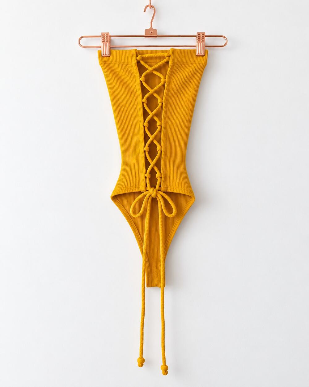 Mezzanine Mustard Ribbed Lace-Up Bodysuit – Size Small NWT